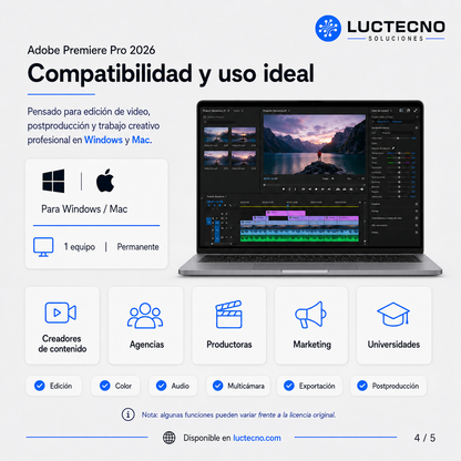 Adobe Premiere Pro 2026 para Windows / Mac | 1 Equipo | Permanente | Edición de video profesional, montaje, color, audio, subtítulos, IA y producción audiovisual