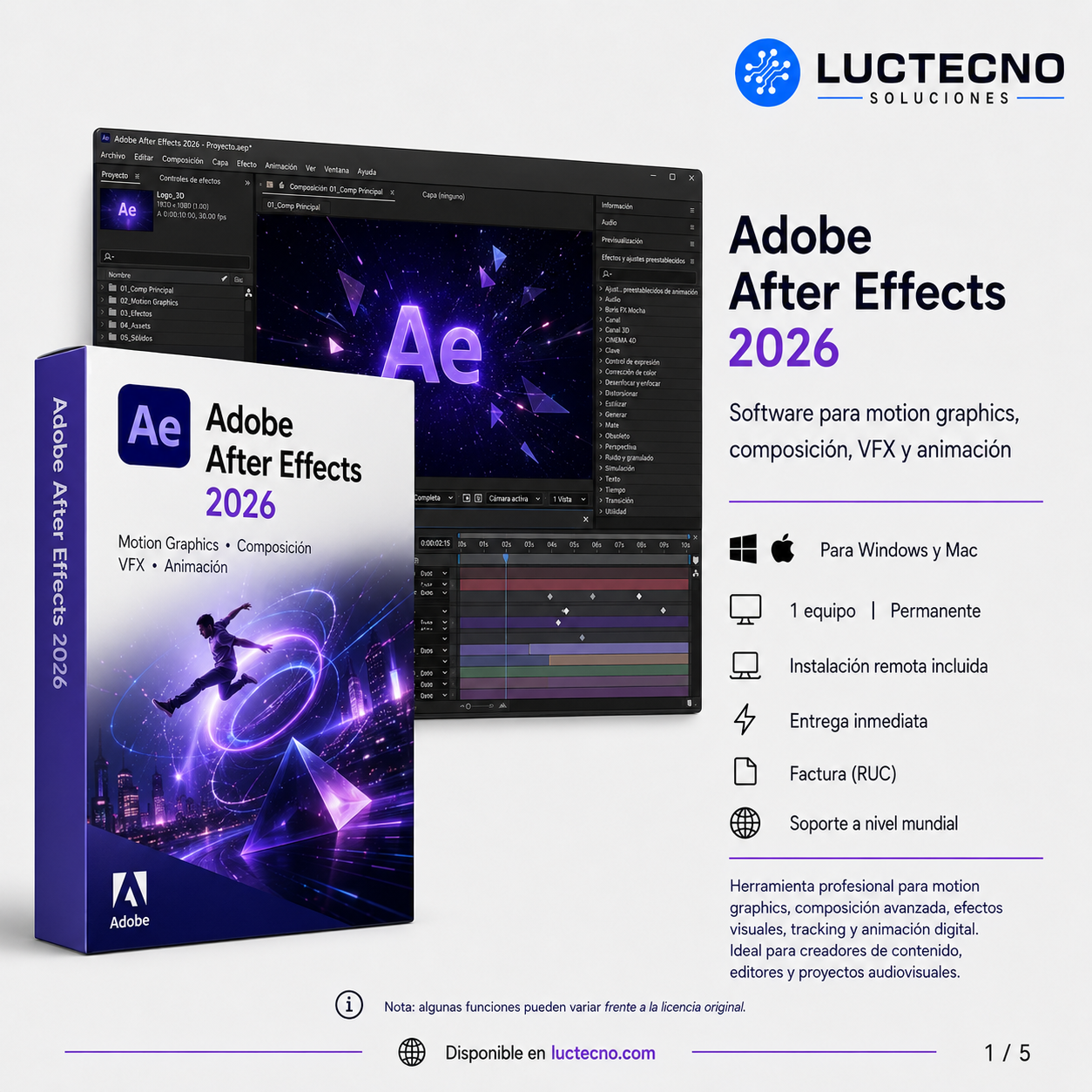 Adobe After Effects 2026 para Windows / Mac | 1 Equipo | Permanente | Motion graphics, VFX, composición, animación, tracking y postproducción audiovisual