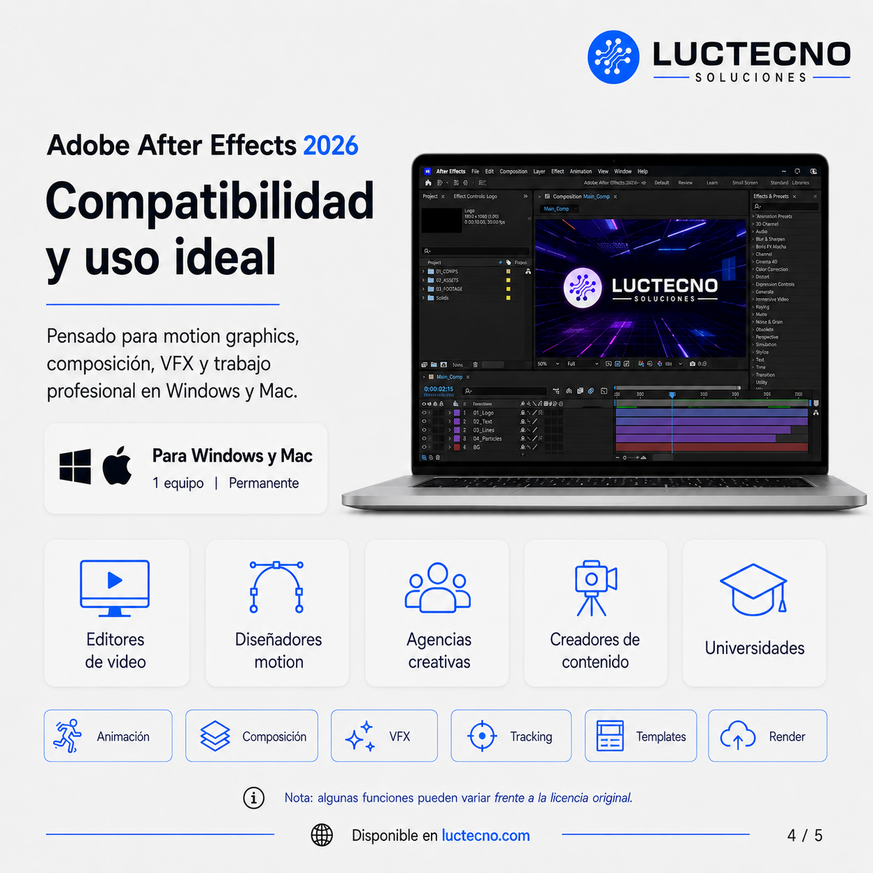 Adobe After Effects 2026 para Windows / Mac | 1 Equipo | Permanente | Motion graphics, VFX, composición, animación, tracking y postproducción audiovisual