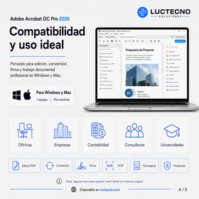 Adobe Acrobat DC Pro 2026 para Windows / Mac | 1 Equipo | Permanente | Edición PDF, conversión, firmas electrónicas, formularios, OCR y documentos profesionales