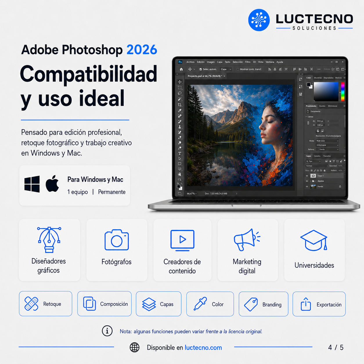 Adobe Photoshop 2026 para Windows / Mac | 1 Equipo | Permanente | Edición fotográfica, retoque profesional, diseño, IA, composición y producción visual
