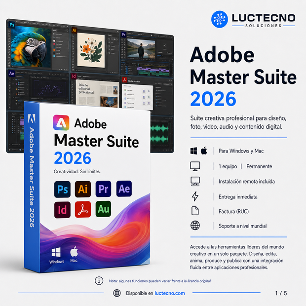 Adobe Master Suite 2026 para Windows / Mac | 1 Equipo | Permanente | Paquete creativo Adobe para diseño, fotografía, video, audio, PDF, animación y producción profesional