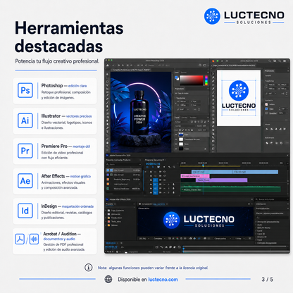 Adobe Master Suite 2026 para Windows / Mac | 1 Equipo | Permanente | Paquete creativo Adobe para diseño, fotografía, video, audio, PDF, animación y producción profesional