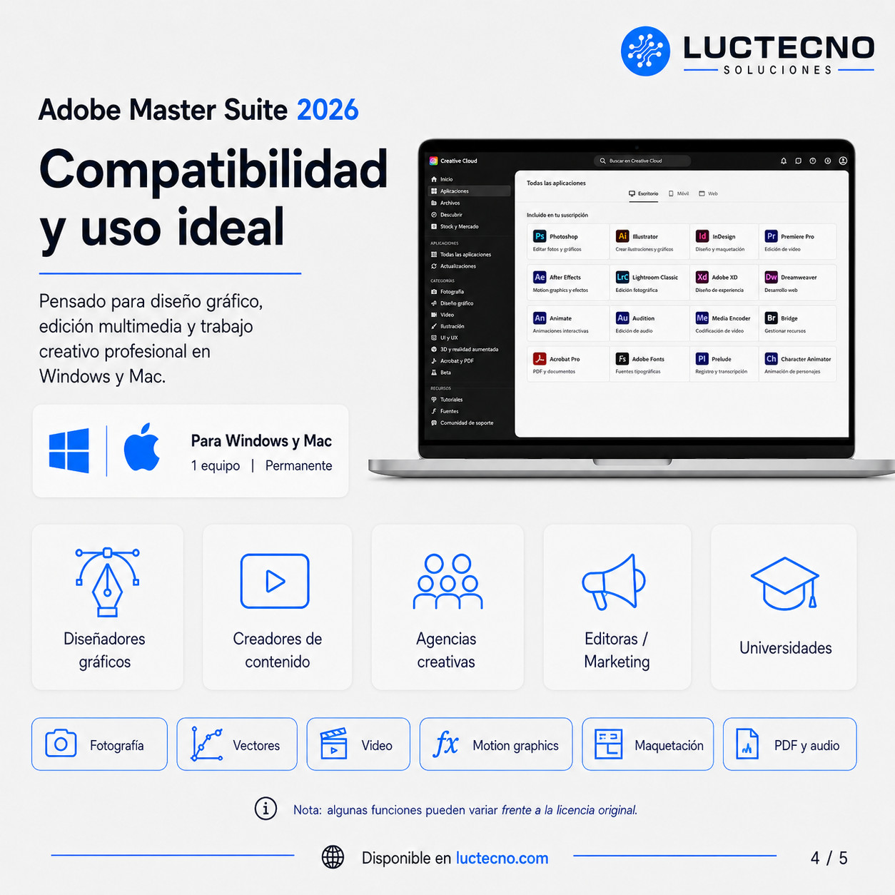 Adobe Master Suite 2026 para Windows / Mac | 1 Equipo | Permanente | Paquete creativo Adobe para diseño, fotografía, video, audio, PDF, animación y producción profesional