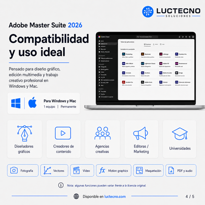 Adobe Master Suite 2026 para Windows / Mac | 1 Equipo | Permanente | Paquete creativo Adobe para diseño, fotografía, video, audio, PDF, animación y producción profesional