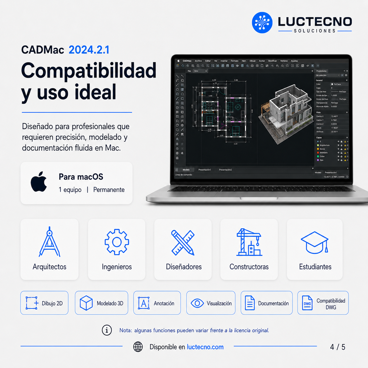CADMac 2024.2.1 para Mac | Licencia alterna | Software CAD para dibujo técnico, planos, diseño 2D/3D, DWG, DXF y documentación profesional