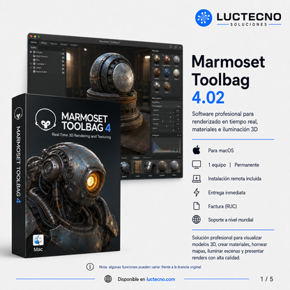Marmoset Toolbag 4.02 para Mac | Licencia alterna | Render 3D en tiempo real, baking, texturizado, materiales PBR, presentación de modelos y visualización profesional