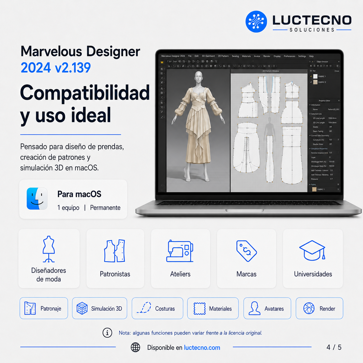 Marvelous Designer 2024 v2.139 para Mac | Licencia alterna | Diseño de ropa 3D, simulación de telas, patrones digitales, avatares y moda digital