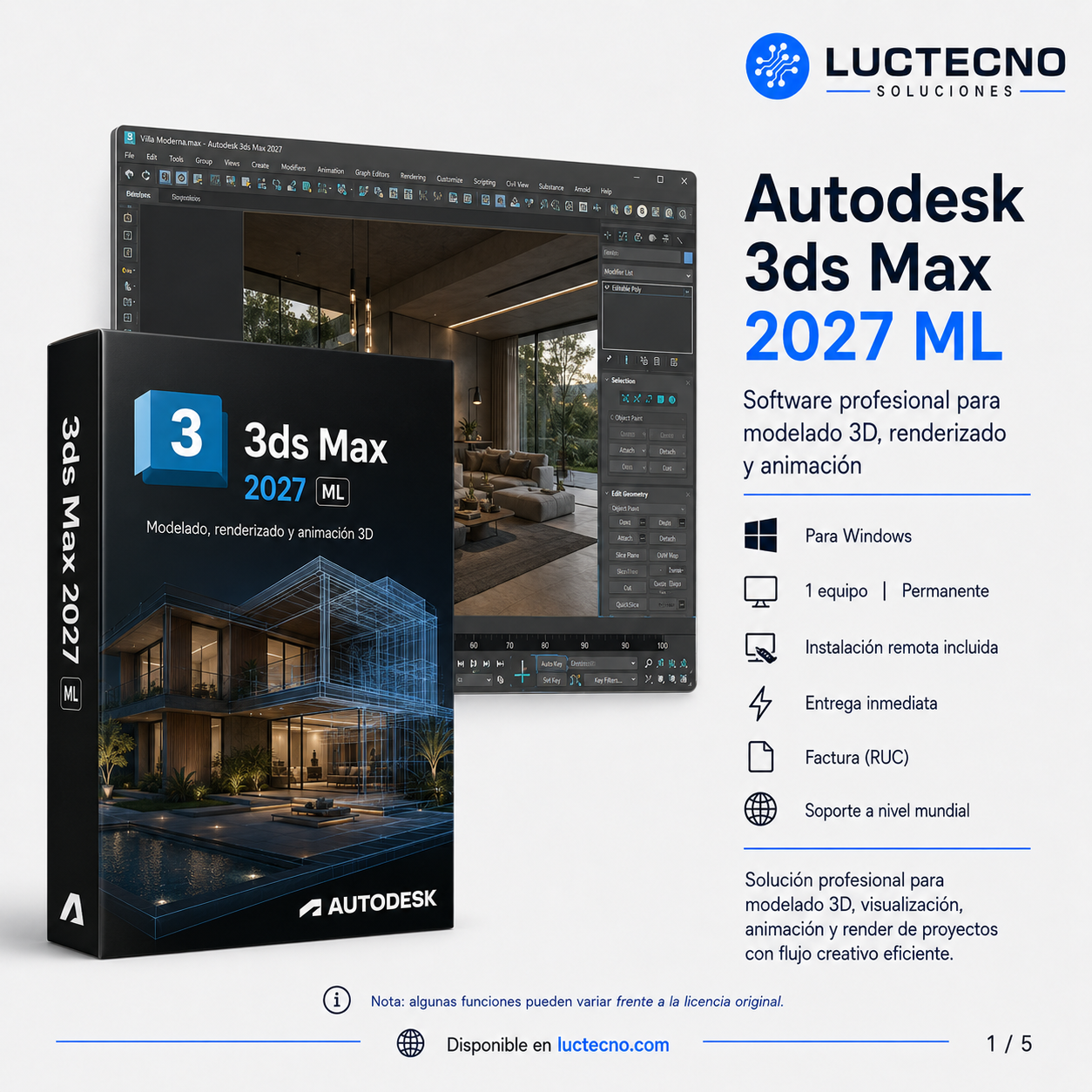 Autodesk 3ds Max 2027 ML para Windows | 1 Equipo | Permanente | Modelado 3D, animación, render, VFX, arquitectura, videojuegos y visualización profesional