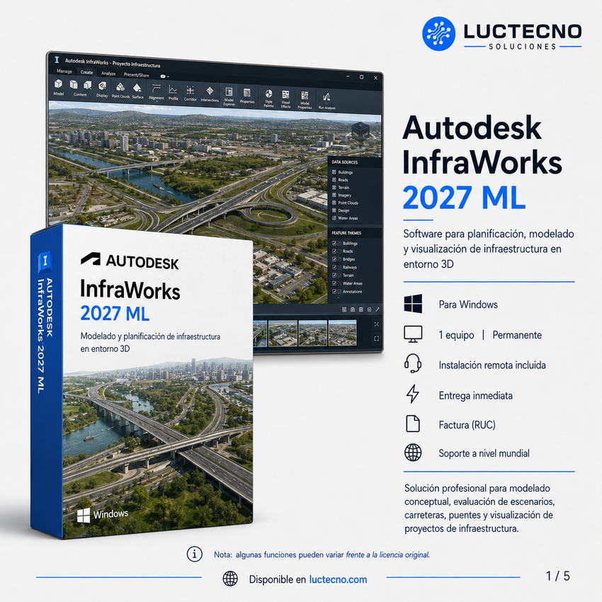 Autodesk InfraWorks 2027 ML para Windows | 1 Equipo | Permanente | Diseño conceptual de infraestructura, carreteras, puentes, BIM, GIS, contexto real y visualización civil