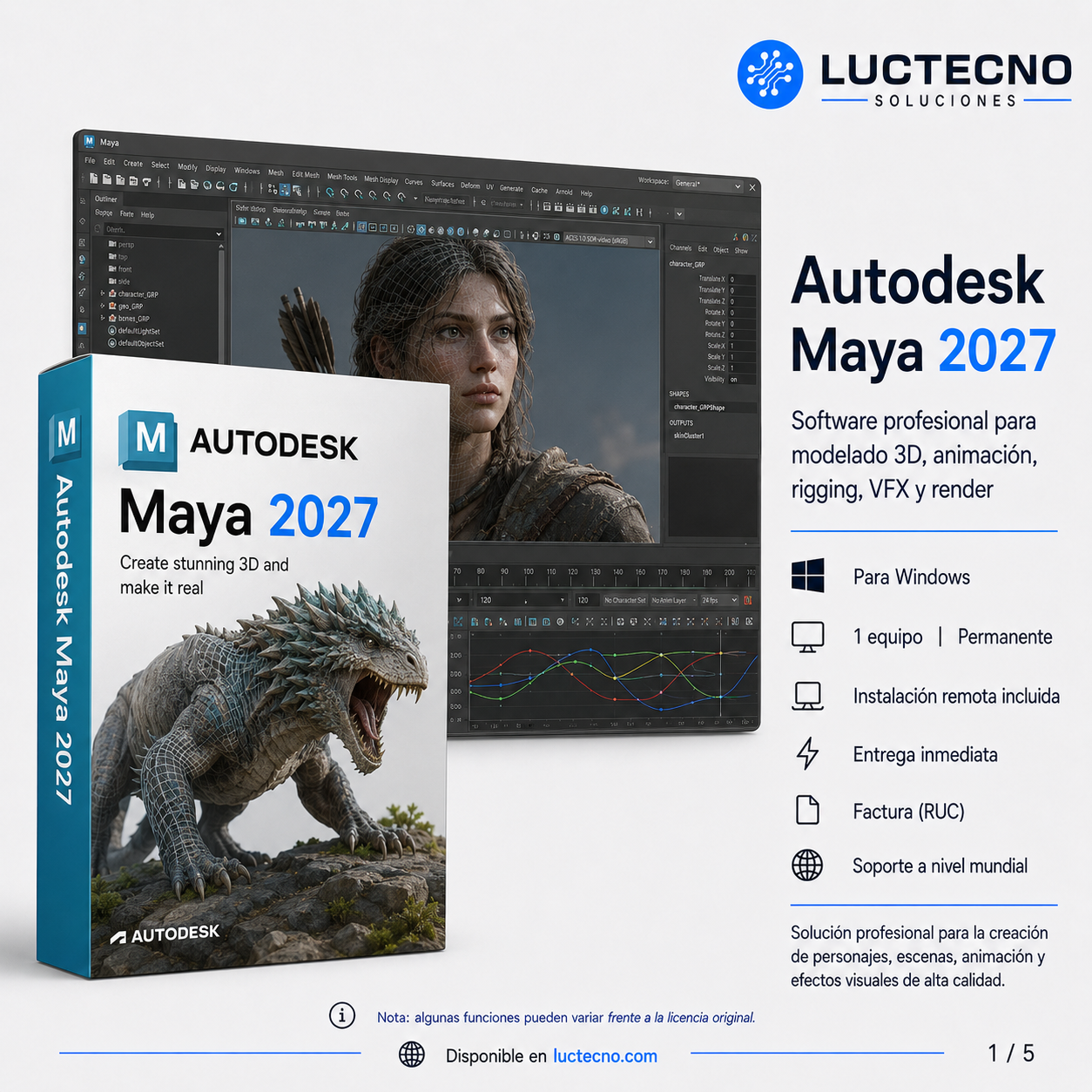 Autodesk Maya 2027 para Windows / Mac / Linux | 1 Equipo | Permanente | Modelado 3D, animación, rigging, VFX, simulación, render y producción audiovisual profesional