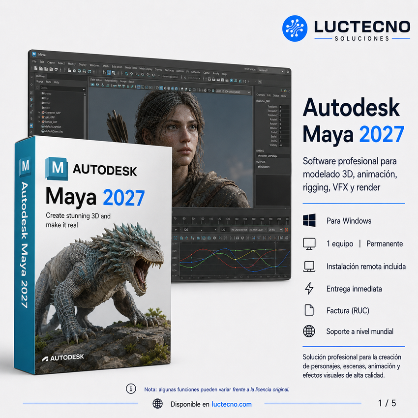 Autodesk Maya 2027 para Windows / Mac / Linux | 1 Equipo | Permanente | Modelado 3D, animación, rigging, VFX, simulación, render y producción audiovisual profesional