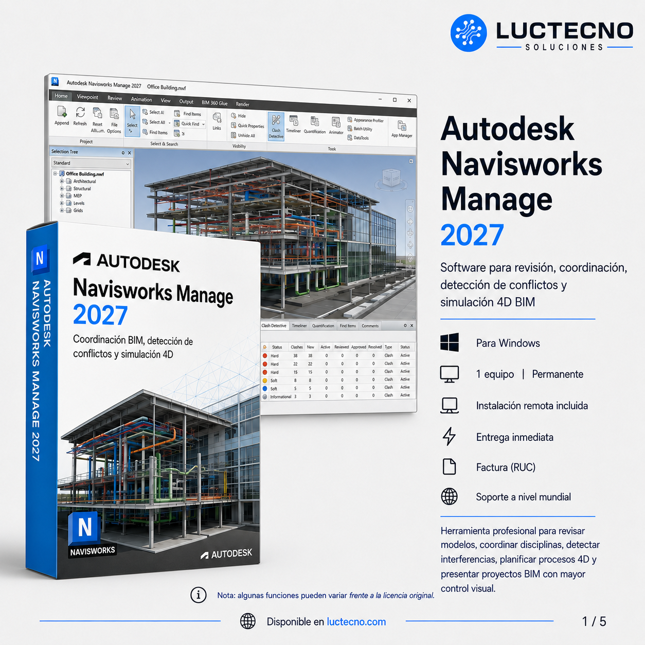Autodesk Navisworks Manage 2027 para Windows | 1 Equipo | Permanente | Coordinación BIM, detección de interferencias, revisión de modelos, 4D, 5D y construcción