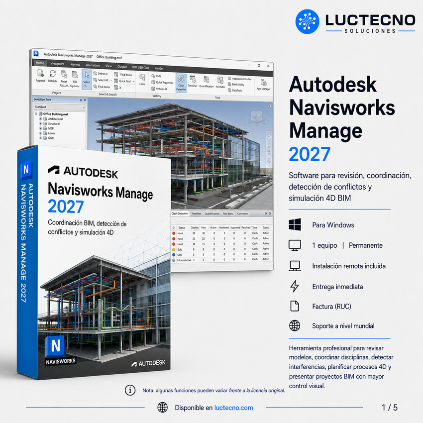 Autodesk Navisworks Manage 2027 para Windows | 1 Equipo | Permanente | Coordinación BIM, detección de interferencias, revisión de modelos, 4D, 5D y construcción