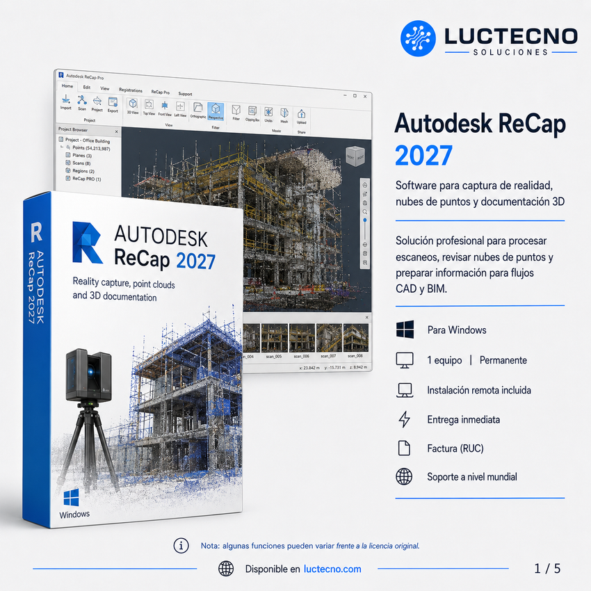 Autodesk ReCap 2027 para Windows | 1 Equipo | Permanente | Reality capture, nubes de puntos, escaneo láser, fotogrametría, as-built y Scan-to-BIM