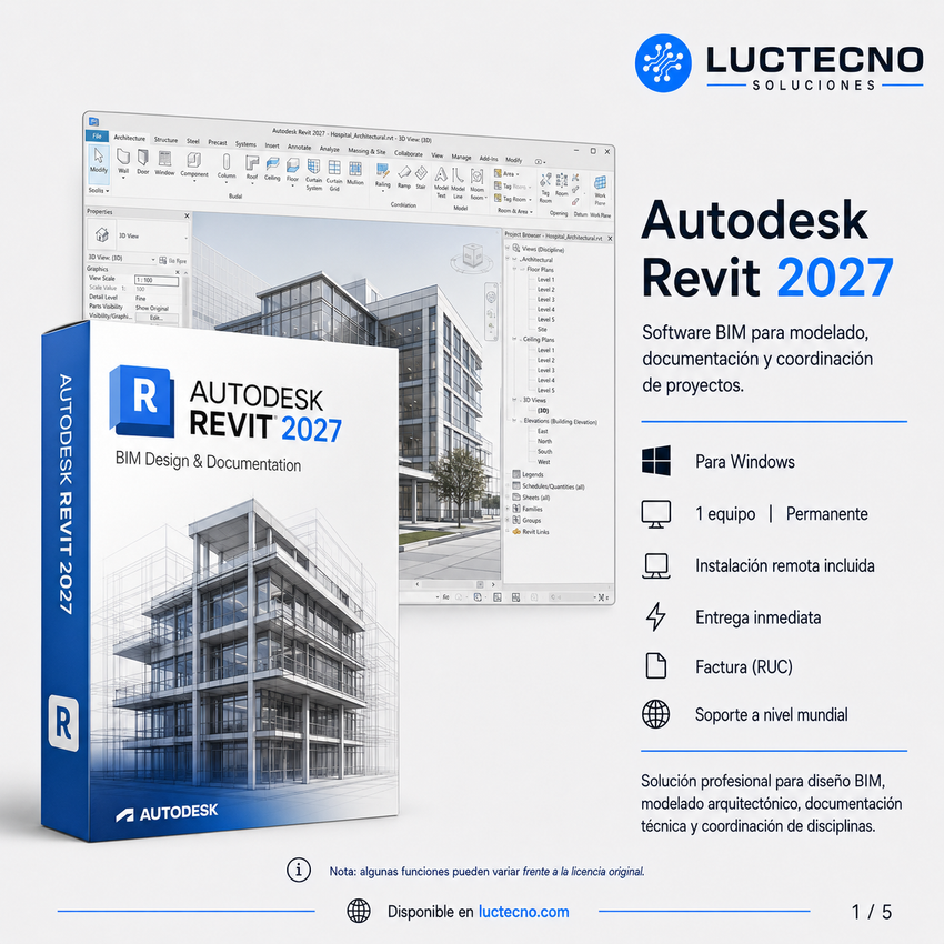 Autodesk Revit 2027 para Windows | 1 Equipo | Permanente | BIM, arquitectura, estructura, MEP, documentación, familias, coordinación y diseño de edificaciones