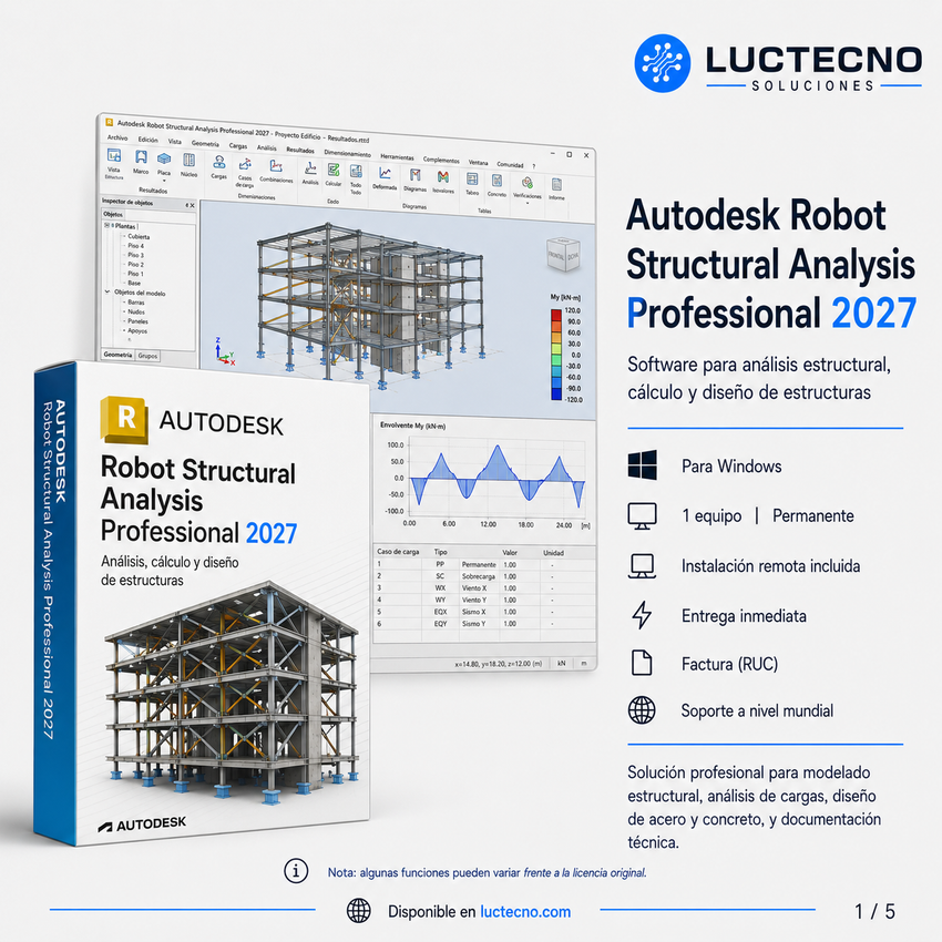 Autodesk Robot Structural Analysis Professional 2027 para Windows | 1 Equipo | Permanente | Análisis estructural BIM, elementos finitos, acero, concreto, cargas, sismo, viento y diseño normativo