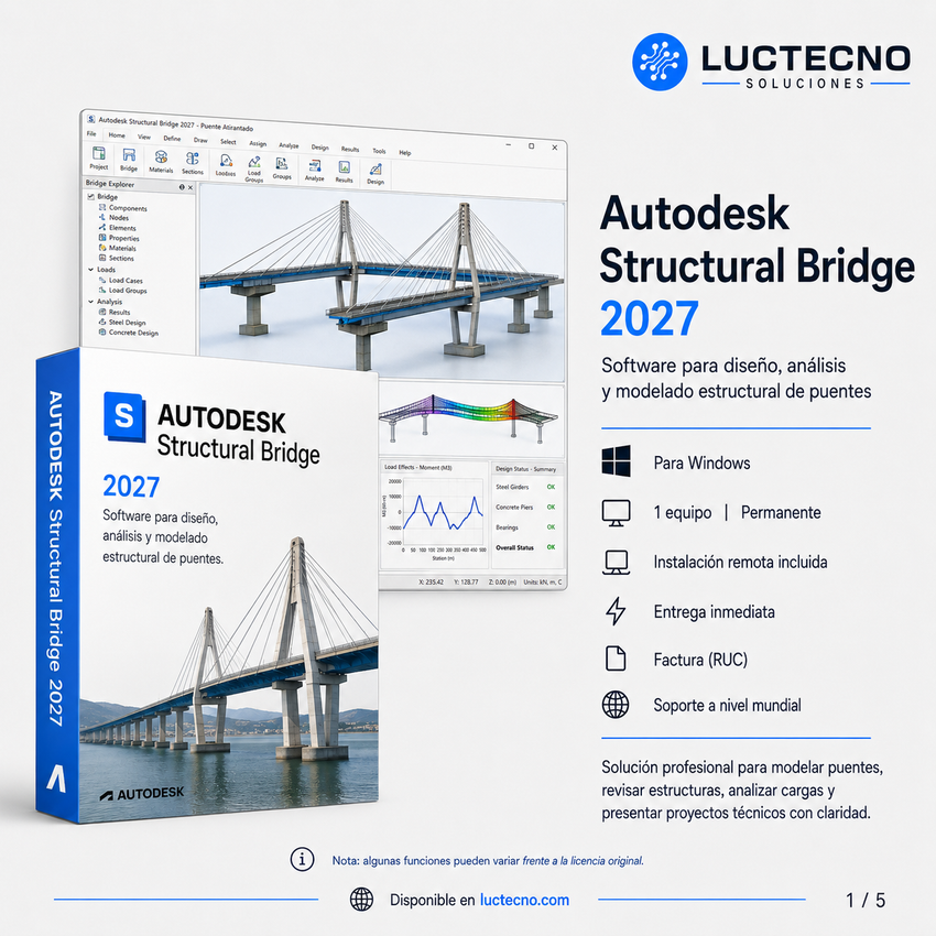 Autodesk Structural Bridge Design 2027 para Windows | 1 Equipo | Permanente | Análisis y diseño de puentes, cargas, normas, elementos finitos y flujo BIM