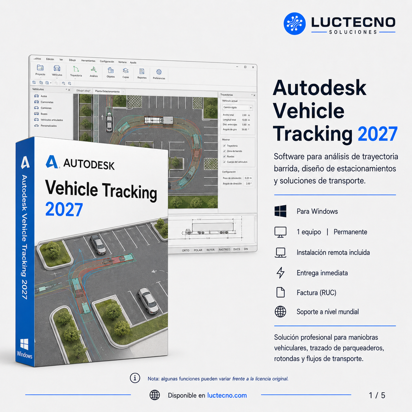 Autodesk Vehicle Tracking 2027 Inglés para Windows | 1 Equipo | Permanente | Swept path analysis, trayectoria vehicular, estacionamientos, rotondas, transporte y diseño vial