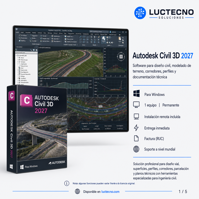 Autodesk Civil 3D 2027 para Windows | 1 Equipo | Permanente | Ingeniería civil, topografía, carreteras, superficies, corredores, redes, BIM y documentación técnica