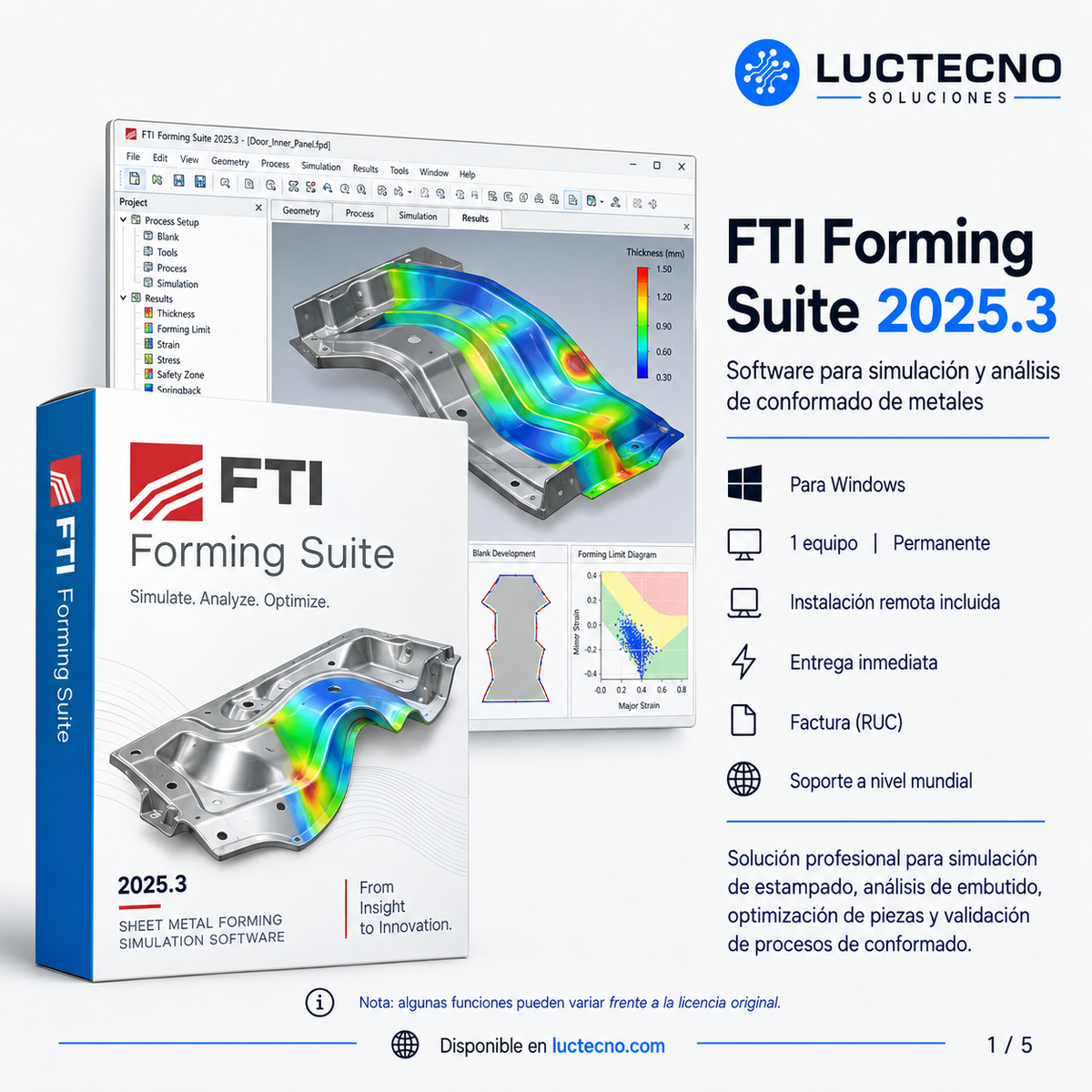 FTI Forming Suite 2025.3 para Windows | Permanente | Software de simulación, formabilidad, costos, nesting y planificación de procesos para lámina metálica
