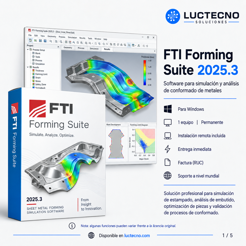 FTI Forming Suite 2025.3 para Windows | Permanente | Software de simulación, formabilidad, costos, nesting y planificación de procesos para lámina metálica