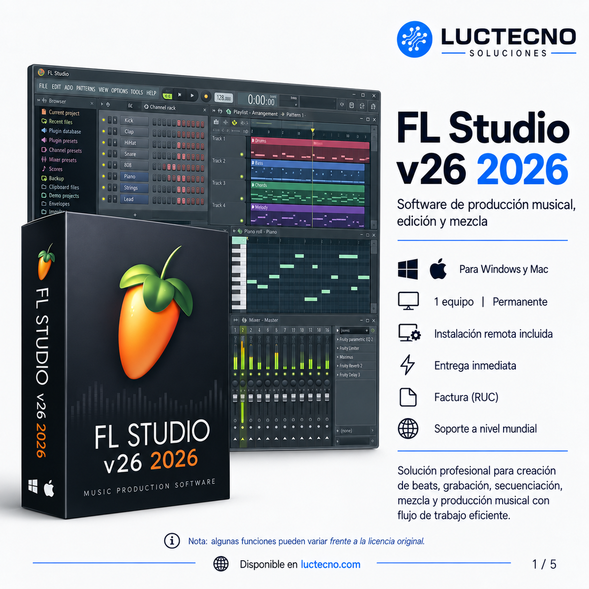 FL Studio v26 2026 para Windows / Mac | Permanente | Software de producción musical, grabación, secuenciación, mezcla, edición de audio y creación de beats