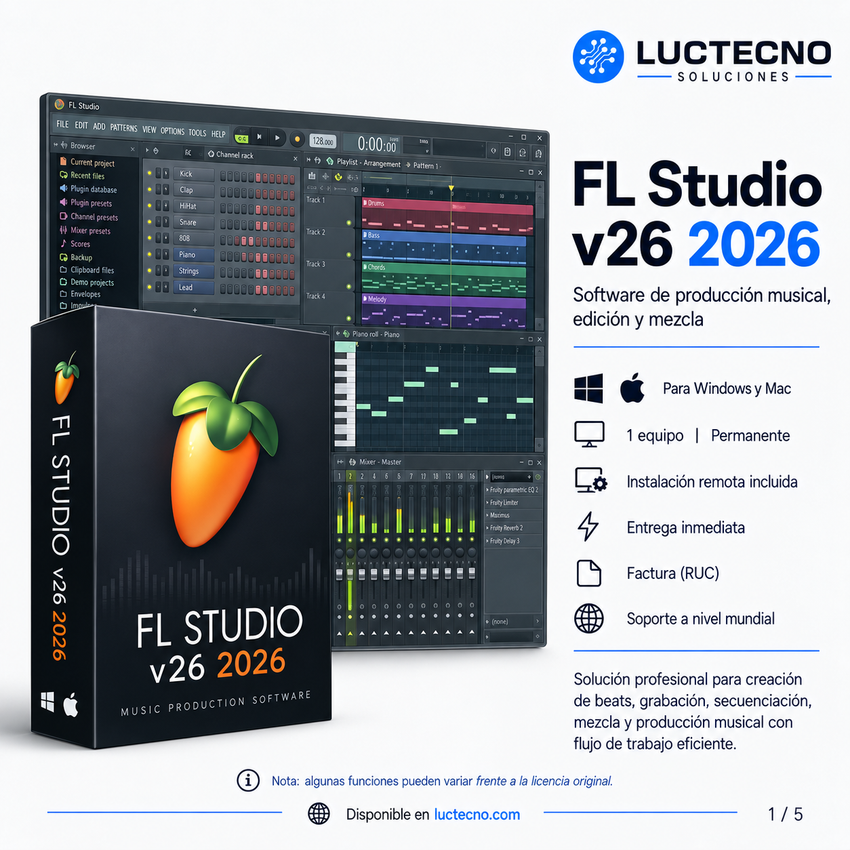 FL Studio v26 2026 para Windows / Mac | Permanente | Software de producción musical, grabación, secuenciación, mezcla, edición de audio y creación de beats