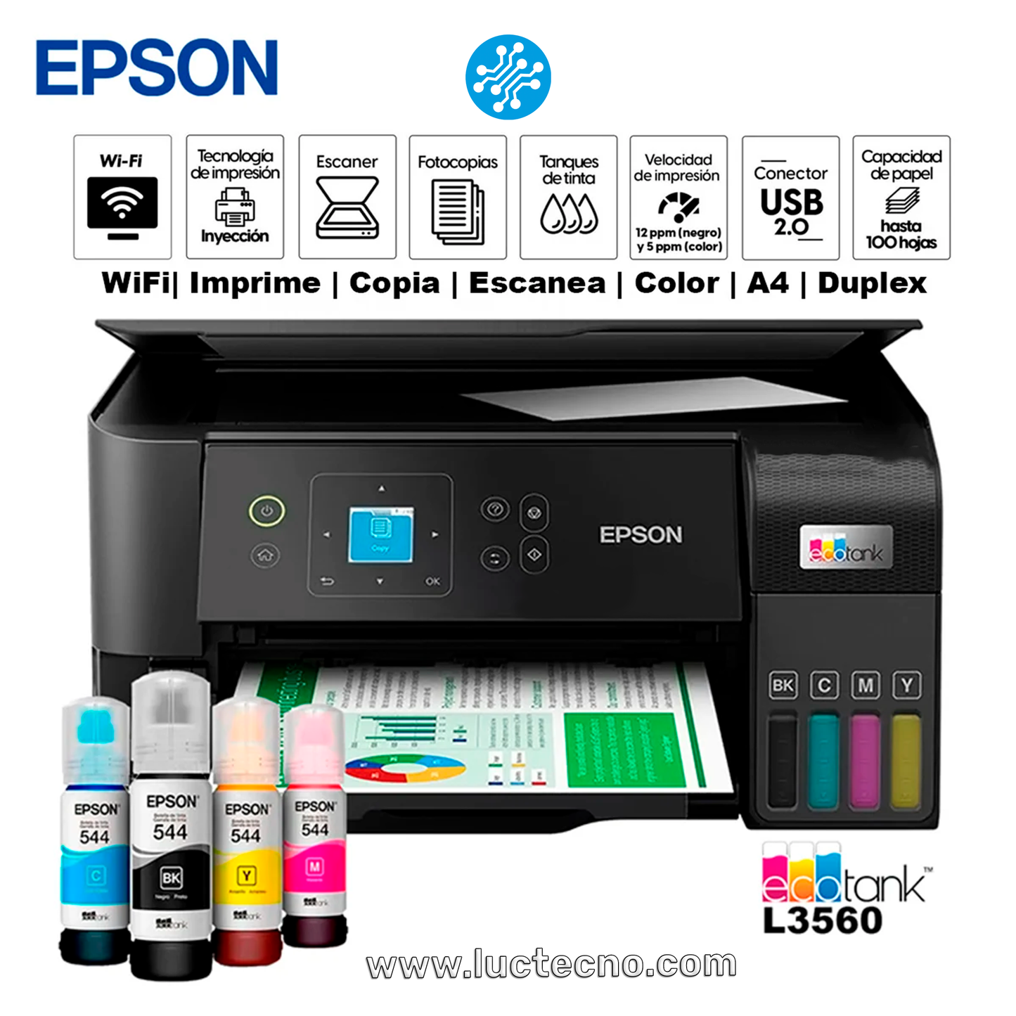 IMPRESORA EPSON ECOTANK L3560 WIFI SMART PANEL MULTIFUNCION 50% MAS RAPIDA TINTA CONTINUA 544 C11CK58301 GARANTIA 12 MESES