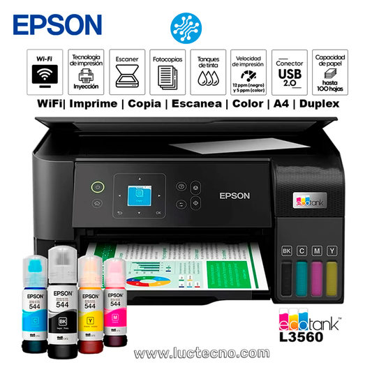 IMPRESORA EPSON ECOTANK L3560 WIFI SMART PANEL MULTIFUNCION 50% MAS RAPIDA TINTA CONTINUA 544 C11CK58301 GARANTIA 12 MESES