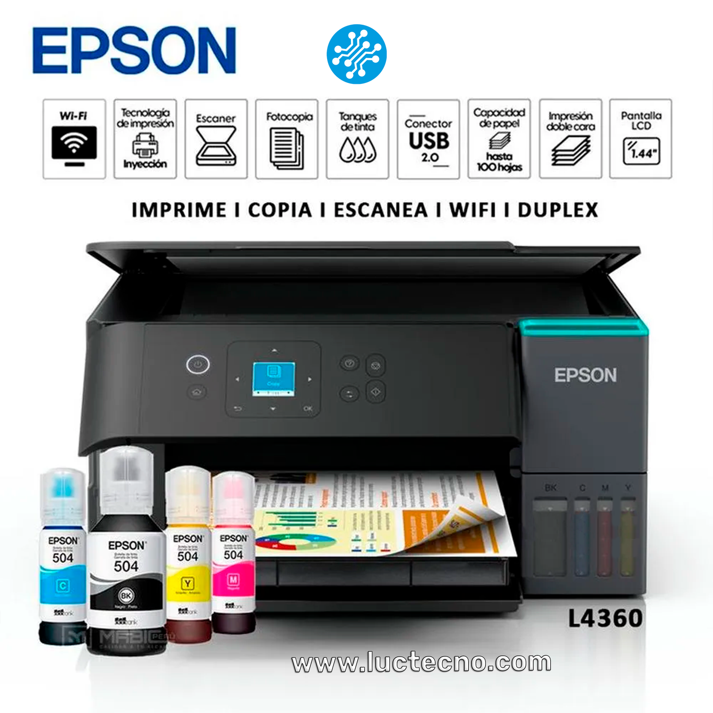 IMPRESORA EPSON ECOTANK L4360 DUPLEX WIFI SMART PANEL MULTIFUNCION TINTA CONTINUA 504 GARANTIA 12 MESES