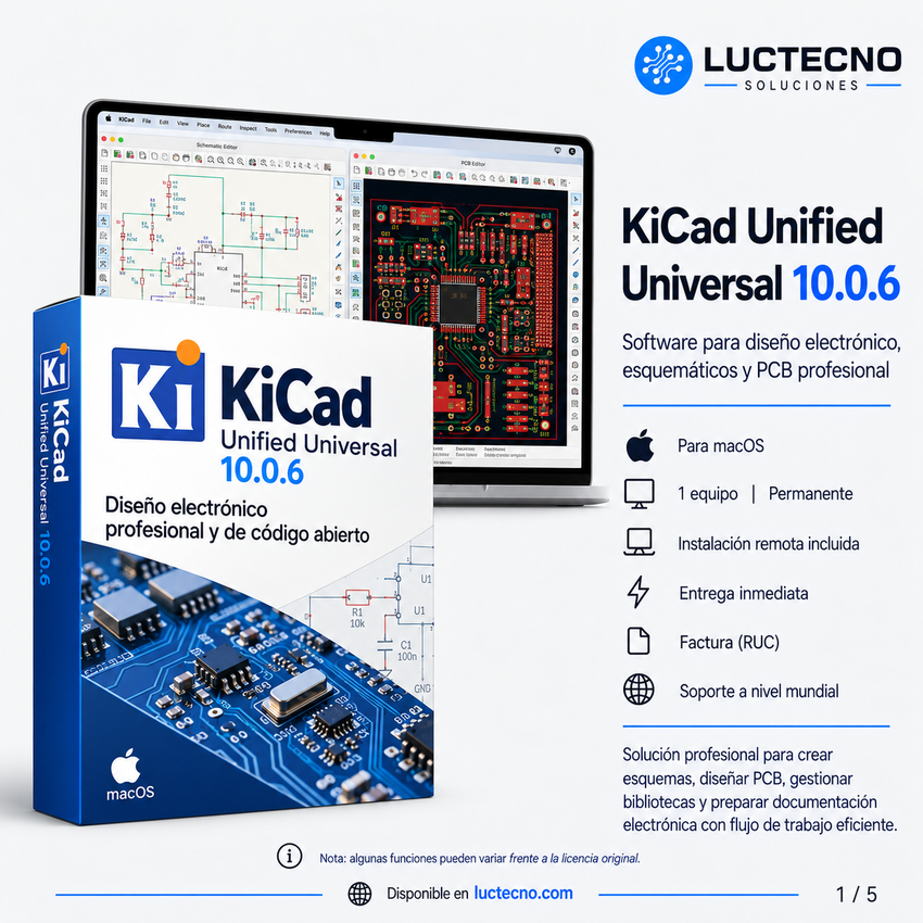 KiCad Unified Universal 10.0.6 para Mac | Software EDA para diseño de circuitos electrónicos, esquemáticos, PCB, simulación SPICE y visualización 3D
