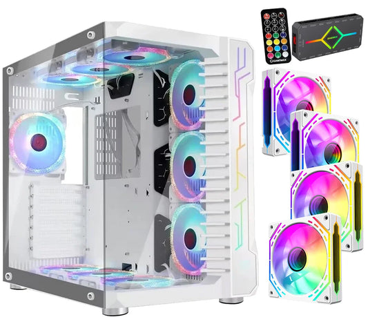 Kit Case GAMEKM CA-025 White / ATX / Vidrio Templado 270° / Soporte Refrigeración Líquida 360° / 4*Fans ARGB + Controlador RGB AURA Sync + CR / Sin Fuente