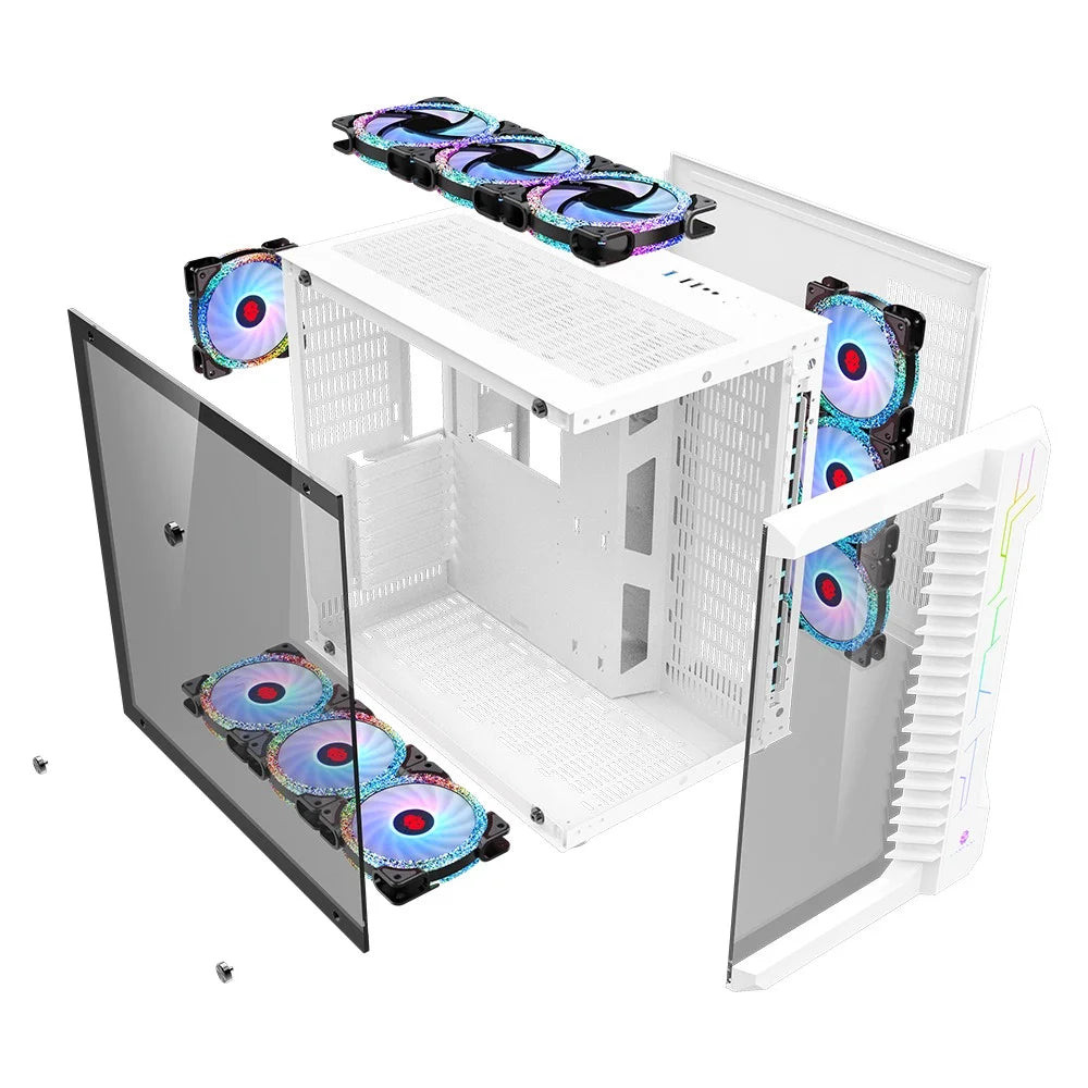 Kit Case GAMEKM CA-025 White / ATX / Vidrio Templado 270° / Soporte Refrigeración Líquida 360° / 4*Fans ARGB + Controlador RGB AURA Sync + CR / Sin Fuente