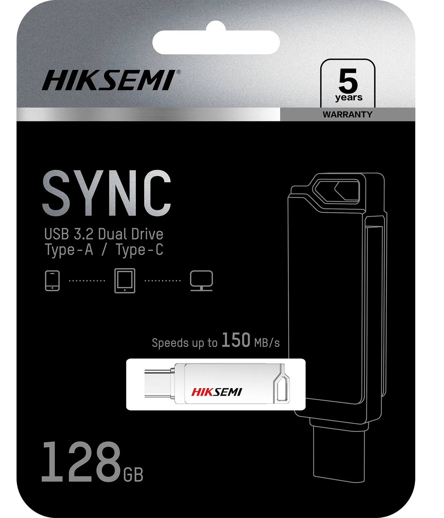 Hiksemi SYNC E327C 128GB Dual USB 3.2 Type-A and Type-C Flash Drive – Metallic Silver, waterproof