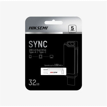 Hiksemi SYNC E327C 32GB Dual USB 3.2 Type-A and Type-C Flash Drive – Metallic Silver