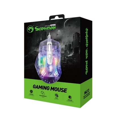 Mouse Gamer Marvo Scorpion M413 Transparente 7200 DPI – RGB, Silencioso, 6 Botones Programables