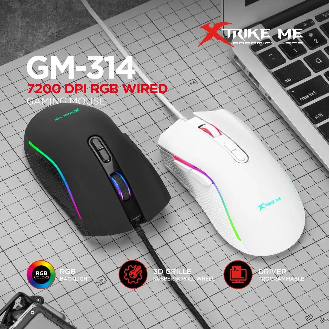 Mouse Gamer Xtrike-Me GM-314 BK 7200 DPI – RGB, 7 Botones, Cable Trenzado 1,5 m, Negro