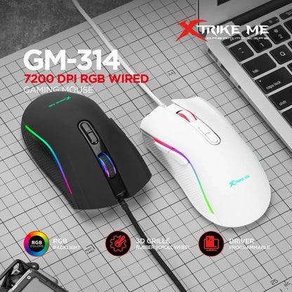 Mouse Gamer Xtrike-Me GM-314 BK 7200 DPI – RGB, 7 Botones, Cable Trenzado 1,5 m, Negro