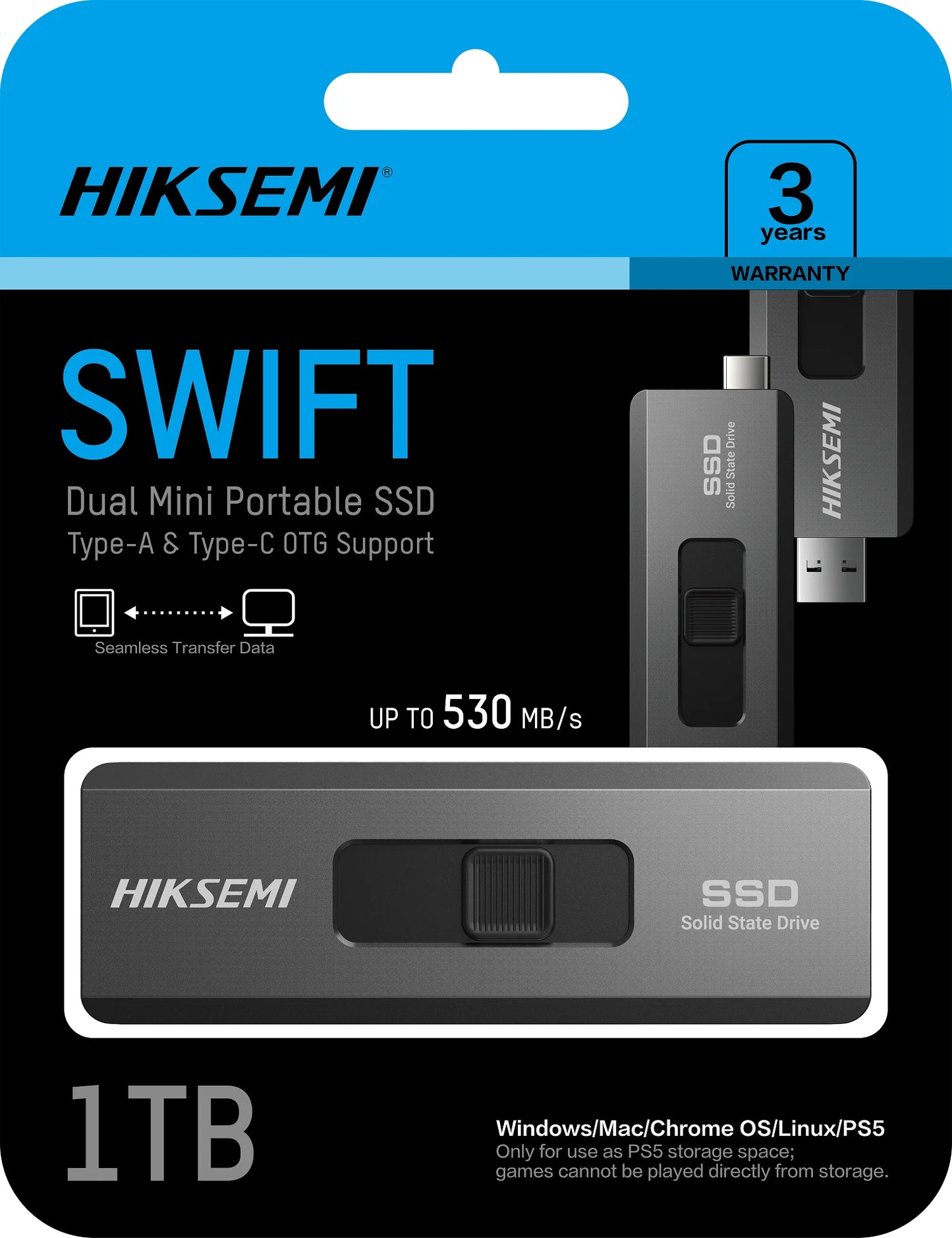 SSD Externo Dual Mini Hiksemi SWIFT 1TB USB-A + USB-C 3.2 Gen 2 – 530MB/s