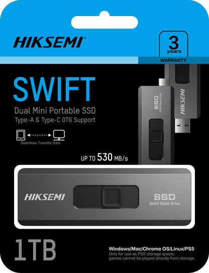 SSD Externo Dual Mini Hiksemi SWIFT 1TB USB-A + USB-C 3.2 Gen 2 – 530MB/s