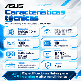 Especificaciones ASUS Gaming V16 V3607VM, 16 GB DDR5 y SSD 1 TB