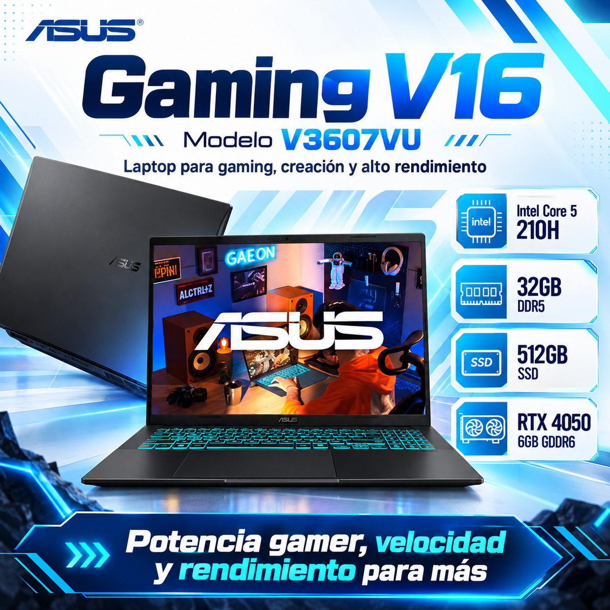 ASUS Gaming V16 V3607VU con Intel Core 5 210H, 32 GB DDR5, SSD 512 GB y RTX 4050 de 6 GB