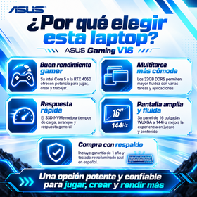 Ventajas ASUS Gaming V16 V3607VU para gaming y multitarea, con pantalla de 16 pulgadas y garantía de un año