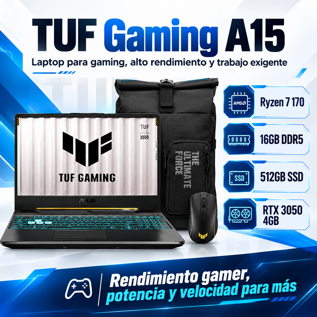ASUS TUF Gaming A15 con Ryzen 7 170, 16 GB DDR5, SSD 512 GB y NVIDIA GeForce RTX 3050 de 4 GB
