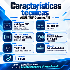 Características ASUS TUF Gaming A15: Ryzen 7 170, RAM 16 GB DDR5 4800 MHz, SSD 512 GB, RTX 3050 y pantalla Full HD IPS 144 Hz