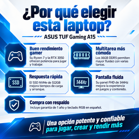 Ventajas ASUS TUF Gaming A15 para gaming y multitarea, con teclado RGB en español y garantía de un año