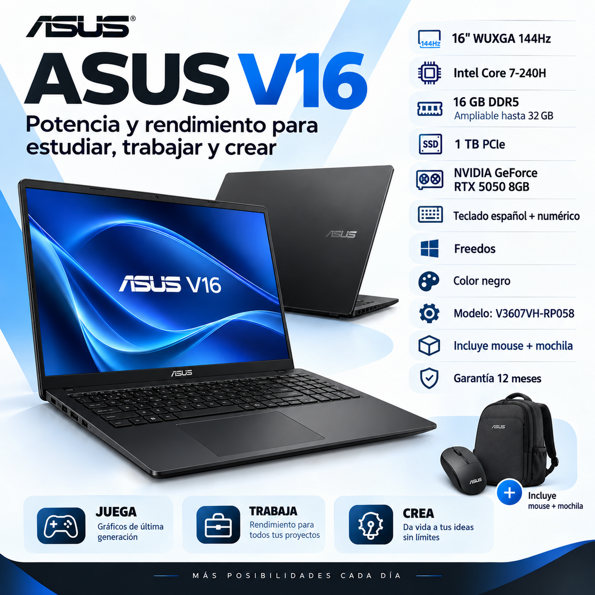 ASUS V16 V3607VH-RP058 Core 7 240H, 16 GB DDR5, SSD 1 TB, RTX 5050 8 GB — presentación
