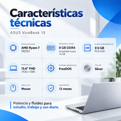 Ficha técnica ASUS M1502YA-BQ824: Ryzen 7 5825U, 8 GB DDR4 ampliables a 16 GB, SSD 512 GB, Full HD, FreeDOS y 12 meses de garantía