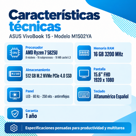 Características ASUS Vivobook 15 M1502YA: Ryzen 7 5825U, 16 GB RAM, SSD 512 GB y pantalla Full HD de 15,6 pulgadas